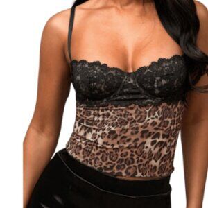 SOLY HUX Women's Floral Lace Trim Camisole (Size XS, Black/Leopard)